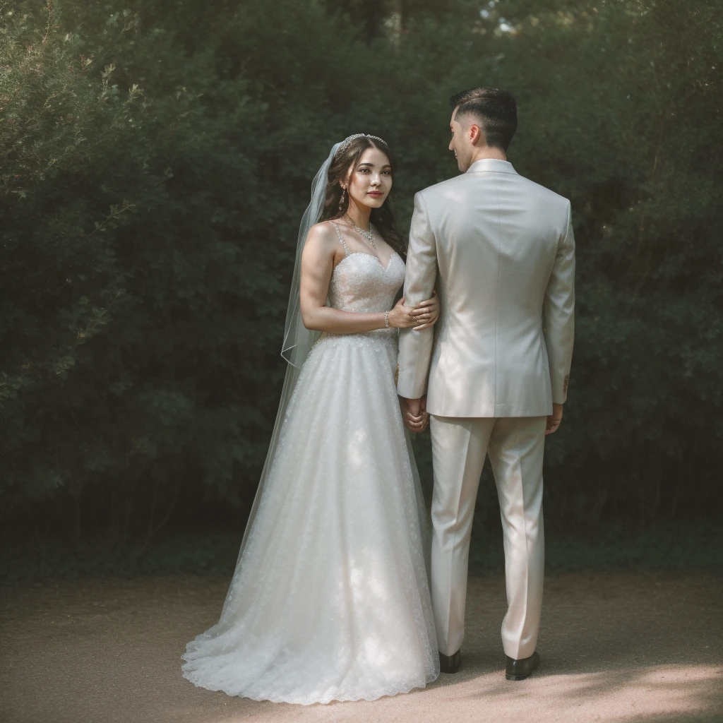 A man and a beautiful woman are having wedding, both wearing wedding attire, standing side by side and holding hands.