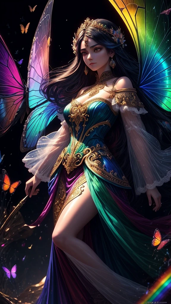 (((masterpiece))), (((ornate))), (((best quality))), ((ultra-detailed)), (highly detailed CG illustration), ((an extremely delicate and beautiful)), cinematic light. Create a stunning fantasy artwork that mimics the style of currently trending masters of the genre. The art piece should contain rich and ornate elements of both mythic fantasy and fairytale fantasy with colorful rainbow accents and dark jewel-toned hues. ((Utilize the rainbow as the main color scheme.)) The character in the artwork is a delicate but strong  figure with an aura of mystery and magic. Pay close attention to intricate facial features, such as mesmerizing eyes with vibrant colors and bold shading. The character's clothing should be designed with gossamer feathers, silk, stunning embroidery, and subtle iridescent details. Incorporate (((translucent iridescent rainbows))), dreamy colors, dynamic lighting, and detailed background elements to create a sense of awe and immersion. ((Include colorful flying magical birds and jewel-toned rainbow butterflies radiating a magical aura.)) Consider the latest trends in fantasy art, such as incorporating unique lighting effects, exploring dynamic and compelling composition techniques, and experimenting with unique color palettes. Take inspiration from the top artists on ArtStation and Midjourney. Camera: Choose an angle that highlights the character's beauty and enhances the magical majesty of the artwork. Lighting: Utilize atmospheric lighting techniques to create depth and mood. Resolution: Aim for a high-resolution artwork to showcase intricate details and clarity. Art Inspirations: Seek inspiration from the trending artists on ArtStation, exploring different styles, genres, and themes.