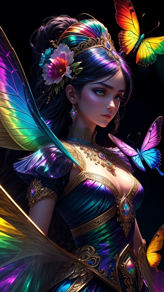(((masterpiece))), (((ornate))), (((best quality))), ((ultra-detailed)), (highly detailed CG illustration), ((an extremely delicate and beautiful)), cinematic light. Create a stunning fantasy artwork that mimics the style of currently trending masters of the genre. The art piece should contain rich and ornate elements of both mythic fantasy and fairytale fantasy with colorful rainbow accents and dark jewel-toned hues. ((Utilize the rainbow as the main color scheme.)) The character in the artwork is a delicate but strong  figure with an aura of mystery and magic. Pay close attention to intricate facial features, such as mesmerizing eyes with vibrant colors and bold shading. The character's clothing should be designed with gossamer feathers, silk, stunning embroidery, and subtle iridescent details. Incorporate (((translucent iridescent rainbows))), dreamy colors, dynamic lighting, and detailed background elements to create a sense of awe and immersion. ((Include colorful flying magical birds and jewel-toned rainbow butterflies radiating a magical aura.)) Consider the latest trends in fantasy art, such as incorporating unique lighting effects, exploring dynamic and compelling composition techniques, and experimenting with unique color palettes. Take inspiration from the top artists on ArtStation and Midjourney. Camera: Choose an angle that highlights the character's beauty and enhances the magical majesty of the artwork. Lighting: Utilize atmospheric lighting techniques to create depth and mood. Resolution: Aim for a high-resolution artwork to showcase intricate details and clarity. Art Inspirations: Seek inspiration from the trending artists on ArtStation, exploring different styles, genres, and themes.