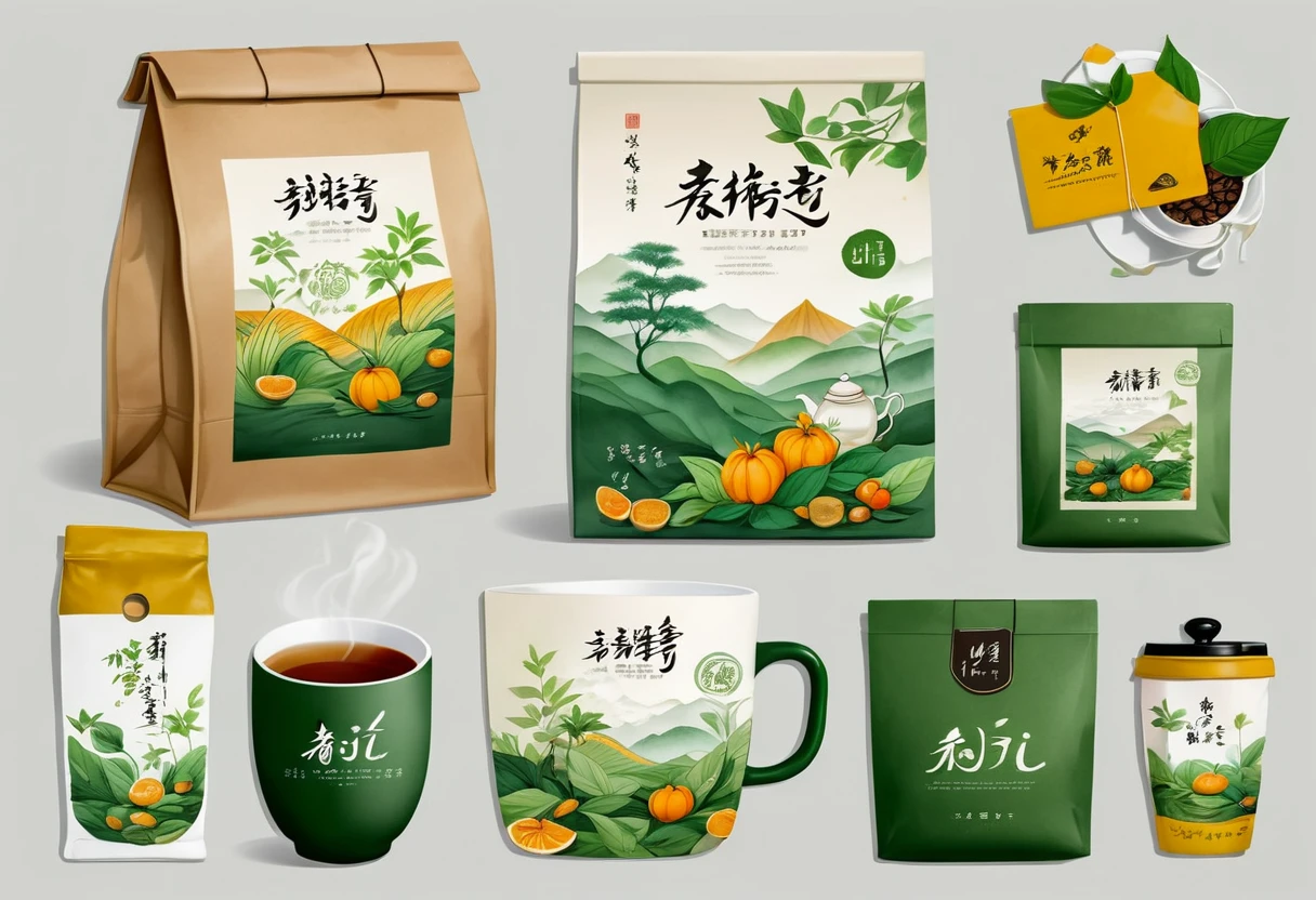 A set of tea sets for casual relaxation with illustrations,calligraphic fonts with green tones,coffee bags,paper bags,prints and accessories,with the theme of the harvest world,clean light gray background,(niji:2),hand-drawn,illustration style