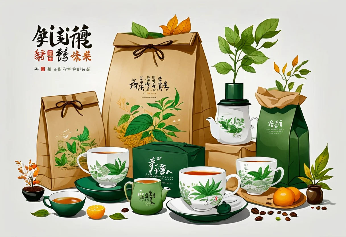 A set of tea sets for casual relaxation with illustrations,calligraphic fonts with green tones,coffee bags,paper bags,prints and accessories,with the theme of the harvest world,clean light gray background,(niji:2),hand-drawn,illustration style,