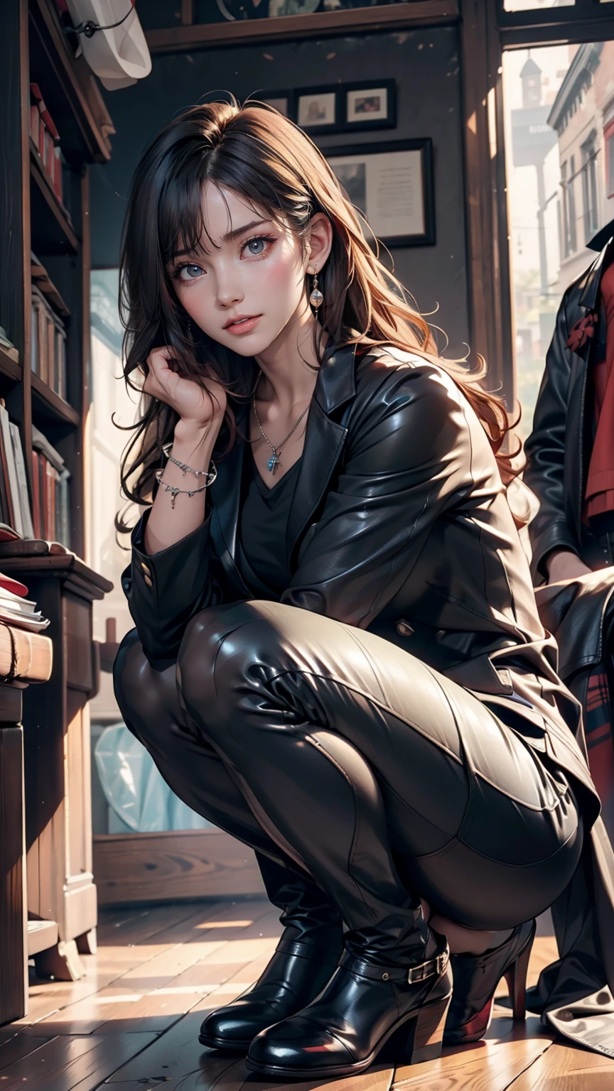 delicate,masterpiece, Beautiful details, In detail, Intricate details, (Realistic:1.2), (Almost no light:1.2),(film noise:1.4), 1 person, Donley, (whole body), (View your viewers:1.2), (Squat on the floor:1.4), (Point to your audience:1.3) Canon EOS 5D MARK III, 50mm Sigma f/1.4 ZEISS Lenses, 1 1 1.4, 1/800s, ISO100,(Detailed face),(Black Hair),(suit),、24 year old Caucasian female、Sexy proportions、Punk rock fashion、Black Shirt、Leather jacket、Leather leggings、Flashy makeup、long hair、rosary necklace、rosary earrings、Put a spiked bracelet on your wrist