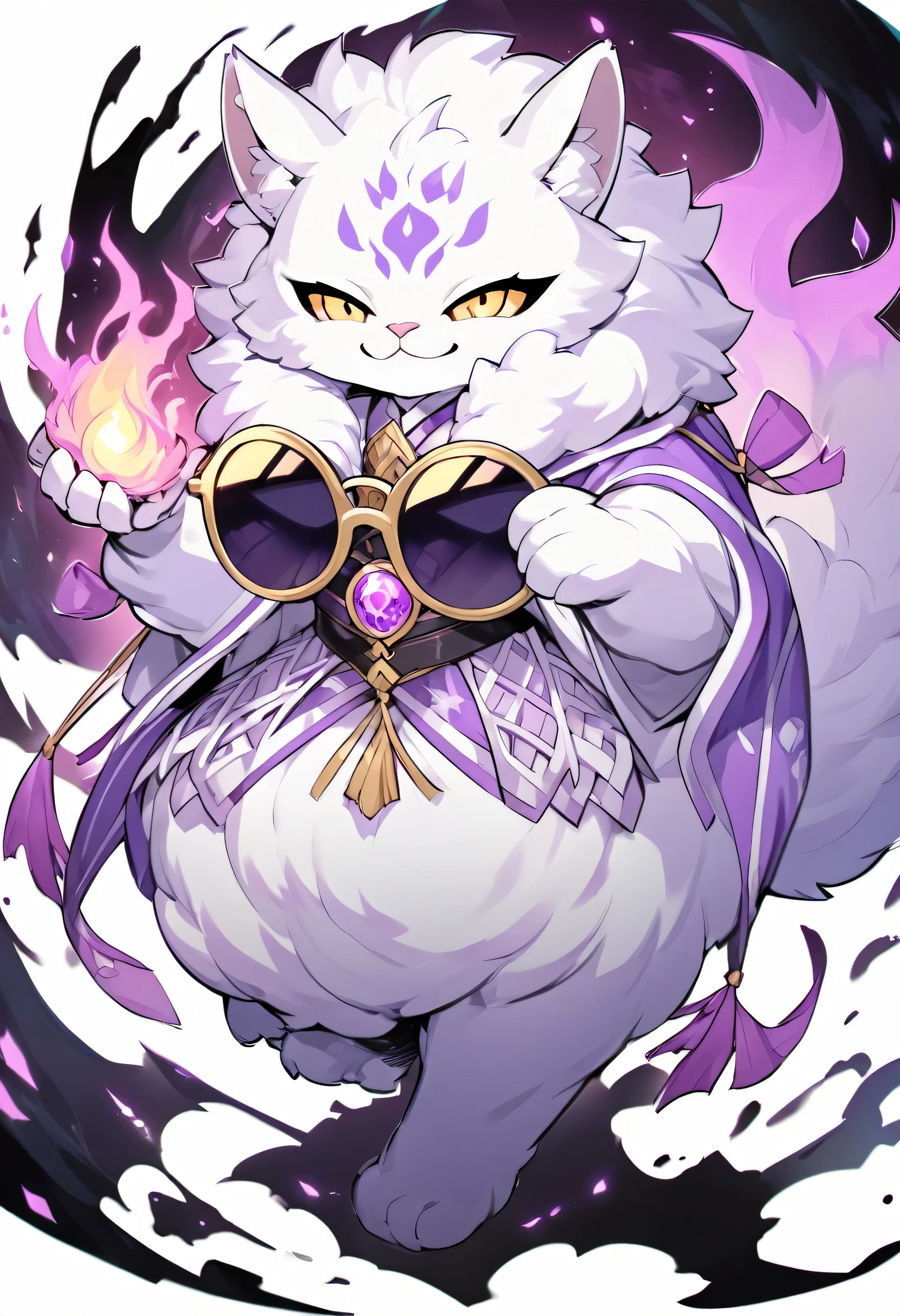 Kato - 400 y.o. familiar. Kato is a familiar - magical animal, that can use magic for his own protection and safety. He represents himself in a vision of a small white cat with fluffy fur and a slight purple colour around it, usually wearing round black sunglasses and smirking to anyone who could see him. His powers shows in ability to cast a special kind of cursed flames, coloured in purple. 