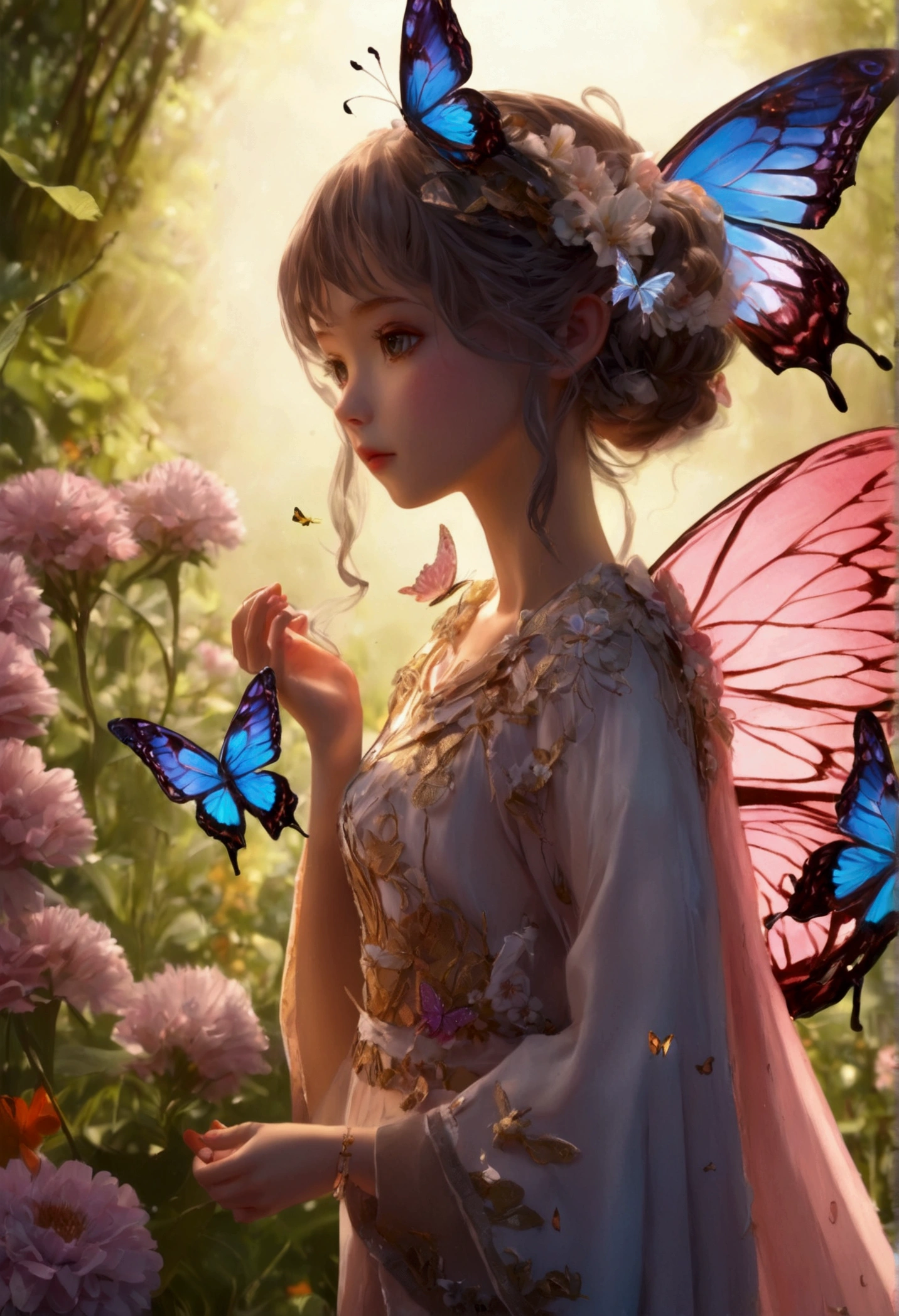 (realistically, 8k, masterpiece, best quality, fine shadows, cinematic, cinematic lighting, ultra high resolution, high quality, extrmely detailed, details, highres, anime style), (sharp edges), graceful gril with butterfly wings, fairyland, flowers, butterflys