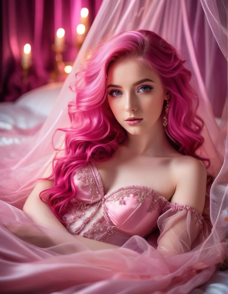 Very attractive 25 year old female with long wavy bright pink hair, a girl at the ball,,(bright lighting,romantic setting),dreamy background,,bright pink hair, mesmerizing gaze, , soft skin, alluring beauty, artistic portrait, high-quality image, vibrant colors,translucent long silk gown, mosquito net, lying down, romantic bedroom,bondage