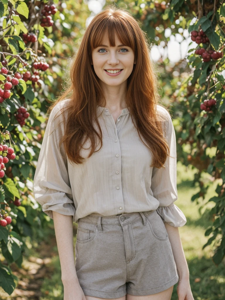 her name is Anna Maria Schmidt, high quality, ((mature)), ((white pale skin)), 1girl, ((30-year-old fit Caucasian woman)), ((20 years old)), ((fit)), ((ginger hair with bangs)), pose: standing, wearing stylish (((light-grey blouse and shorts))), BACKGROUND: Rows of vines or fruit trees create a lush and organized backgroun, ugly smiling, standing, loose waves