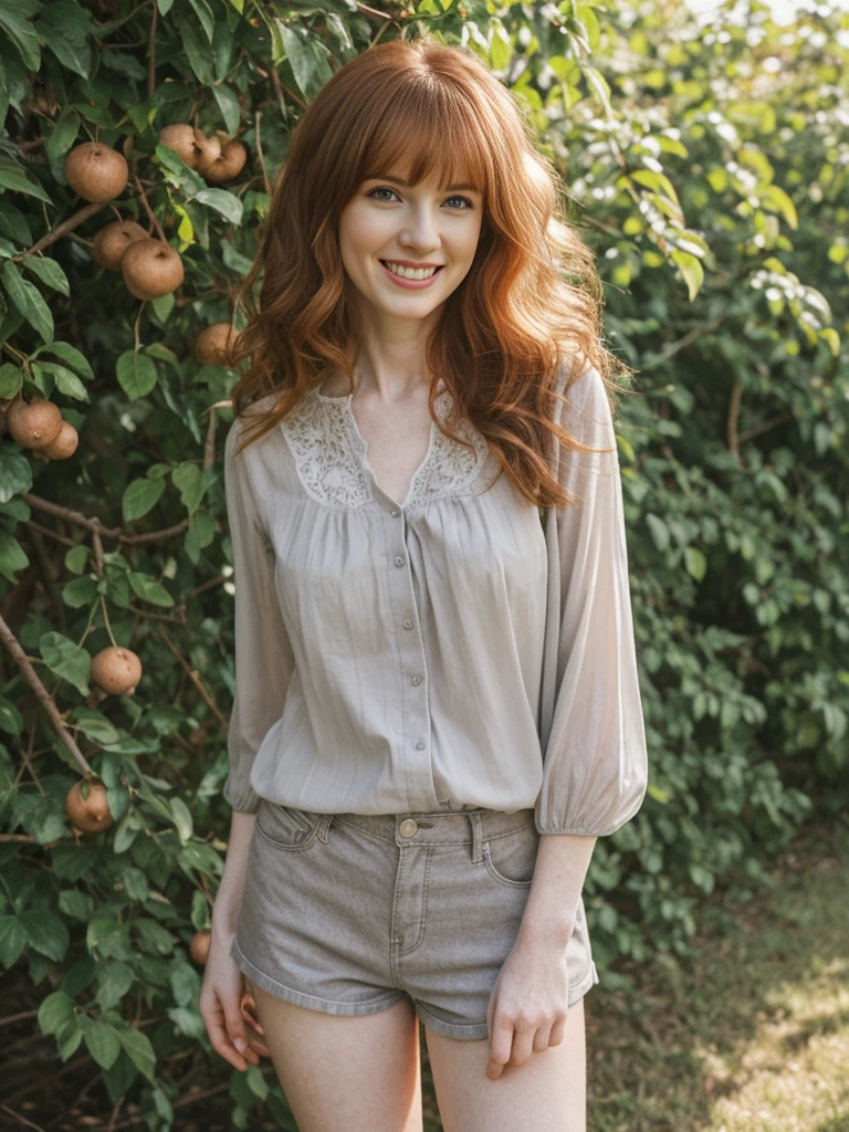 her name is Anna Maria Schmidt, high quality, ((mature)), ((white pale skin)), 1girl, ((30-year-old fit Caucasian woman)), ((20 years old)), ((fit)), ((ginger hair with bangs)), pose: standing, wearing stylish (((light-grey blouse and shorts))), BACKGROUND: Rows of vines or fruit trees create a lush and organized backgroun, ugly smiling, standing, loose waves