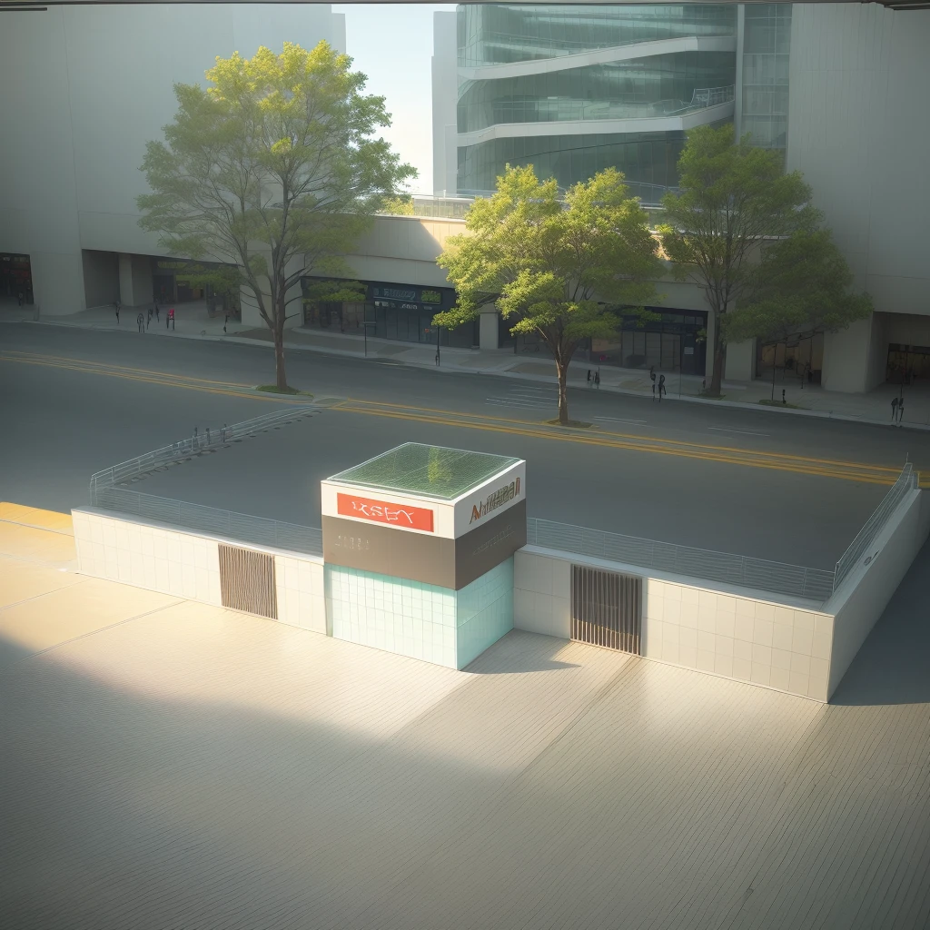 Create a high-quality digital image of a Japanese-style shopping mall inspired by AEON mall. The scene is set in a real-world downtown location, featuring bustling streets and realistic indoor lighting. Many shoppers are seen going to and from the mall. The architecture includes a modern curtain wall design with glass windows, emphasizing a center composition and visible from a three-point perspective. It's a sunny afternoon, with sunlight reflecting off glass panels and illuminating a large entrance door. The mall includes a spacious parking lot and sidewalks lined with big trees. LED-lit billboards are prominently displayed, contributing to the vibrant atmosphere. Capture details like ATMs and additional billboards to enhance the urban feel.