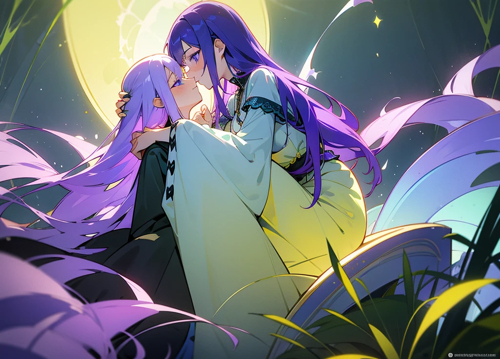 Two girls touching lips，A girl with purple hair，Transparent purple eyes，Another girl with yellow hair，Clear blue eyes，Medieval Lolita Style Clothing，Sit and hug，Look at each other affectionately，Cool，Violet，iris，Sunshine，Surrounded by greenery，Transparent stream flowing，Tyndall effect，Light up the fire，starlight：1.8，Clear shape，Detailed description of appearance：Perfect beautiful clear appearance，Normal human body，Transparent green，Light color strokes，Transparent color：3.3，softbrush：1.8，suspended congress, vaginale, anal, is ,is focus, is grab, standing, hug, leg lock, breast press,straddling,arms around neck, lifting person