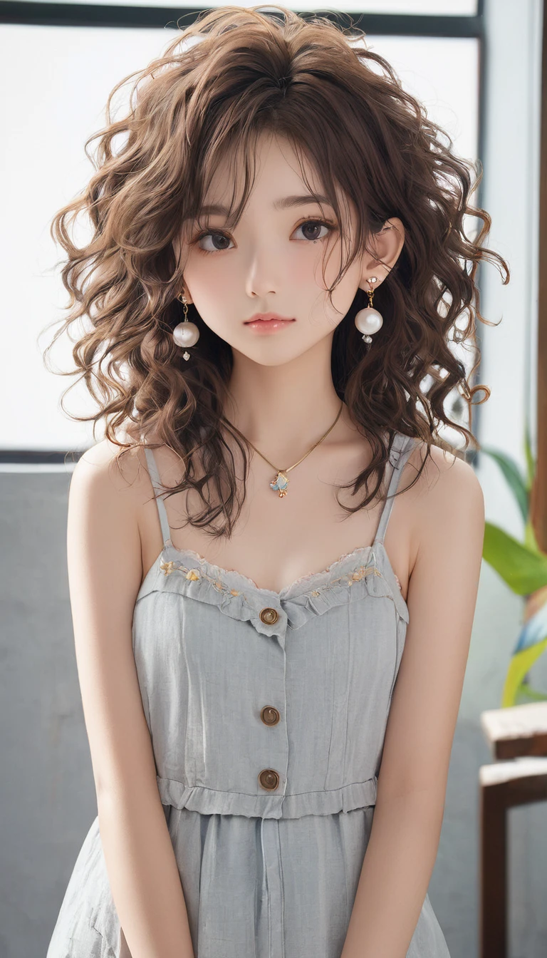 (masterpiece, Highest quality:1.2), One girl, alone,bony body、、Frizzy hair、Earrings