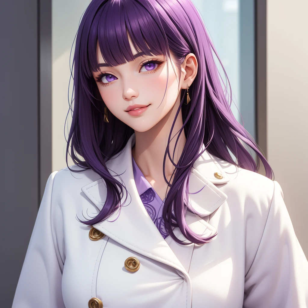 (masterpiece, best quality), intricate details, thin, ((slim)), beautiful girl, purple hair, blunt bangs, light purple eyes, sharp jawline, white coat, long hair, lips, upper body, close up, smirk