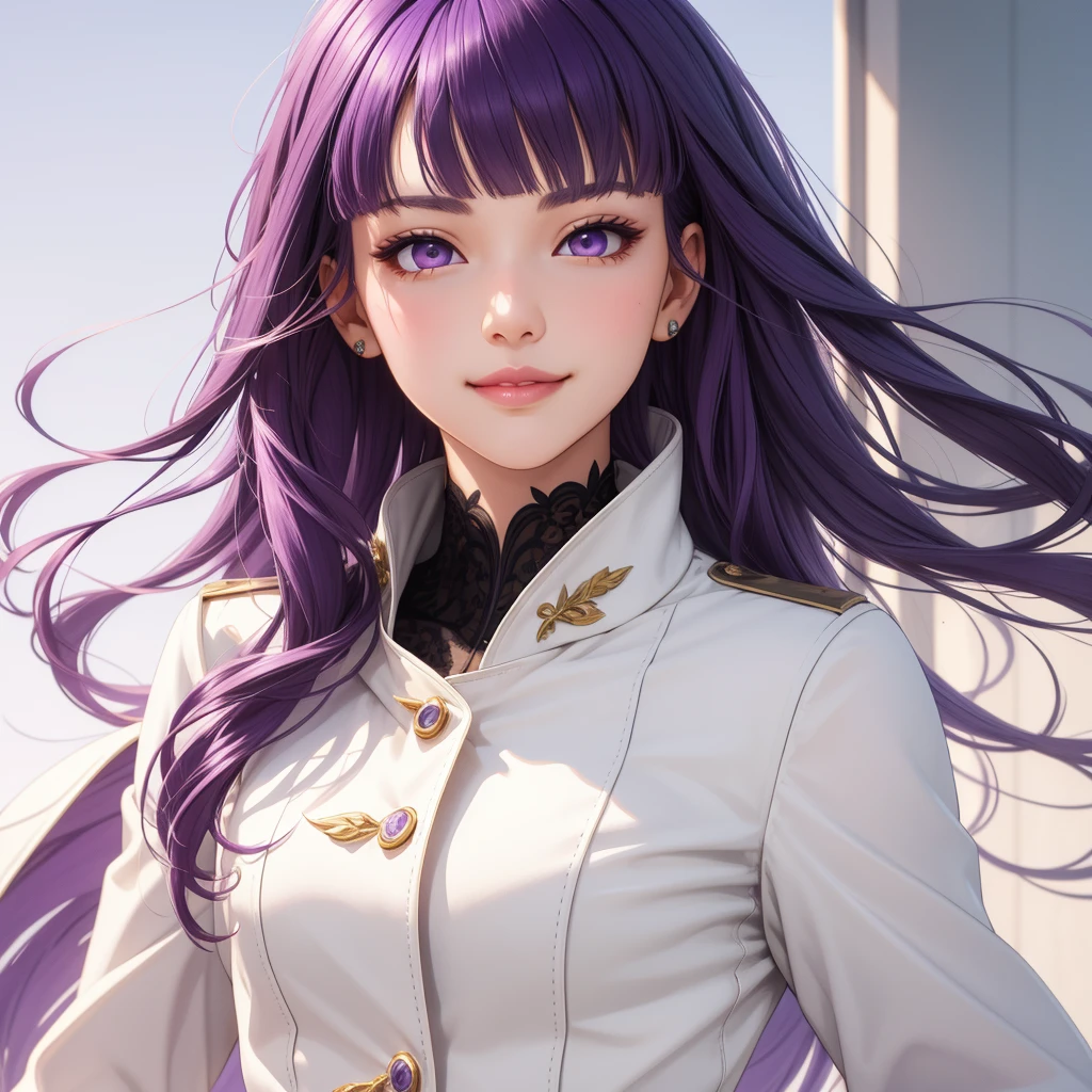 (masterpiece, best quality), intricate details, thin, ((slim)), beautiful girl, purple hair, blunt bangs, light purple eyes, sharp jawline, white coat, long hair, lips, upper body, close up, smirk