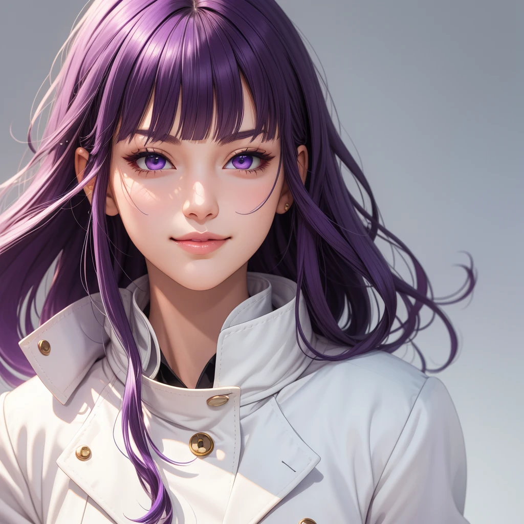 (masterpiece, best quality), intricate details, thin, ((slim)), beautiful girl, purple hair, blunt bangs, light purple eyes, sharp jawline, white coat, long hair, lips, upper body, close up, smirk