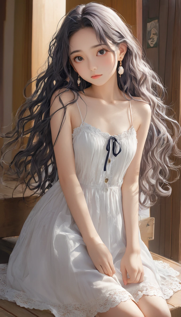 (masterpiece, Highest quality:1.2), One girl, alone,bony body、15 years old、Frizzy hair、Earrings