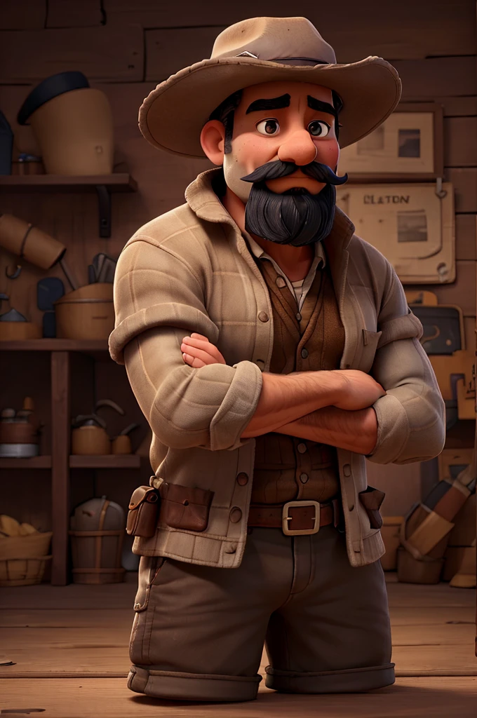 a man crossing his arms, wearing a hat and mustache, detailed portrait, intricate details, dramatic lighting, photorealistic, highly detailed, chiaroscuro, cinematic composition, warm color palette, ambient occlusion, volumetric lighting, sharp focus, 8k, masterpiece 