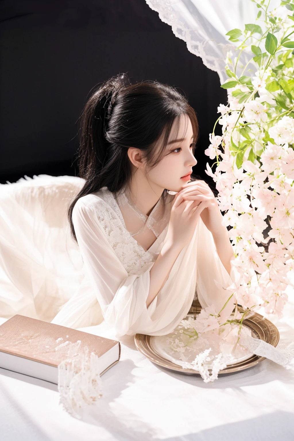 there is a woman sitting at a table with a plate of food, palace ， a girl in hanfu, white hanfu, xianxia fantasy, inspired by Huang Ji, ethereal beauty, inspired by Tang Yifen, a beautiful woman in white, full body xianxia, xianxia, a stunning young ethereal figure, heise-lian yan fang