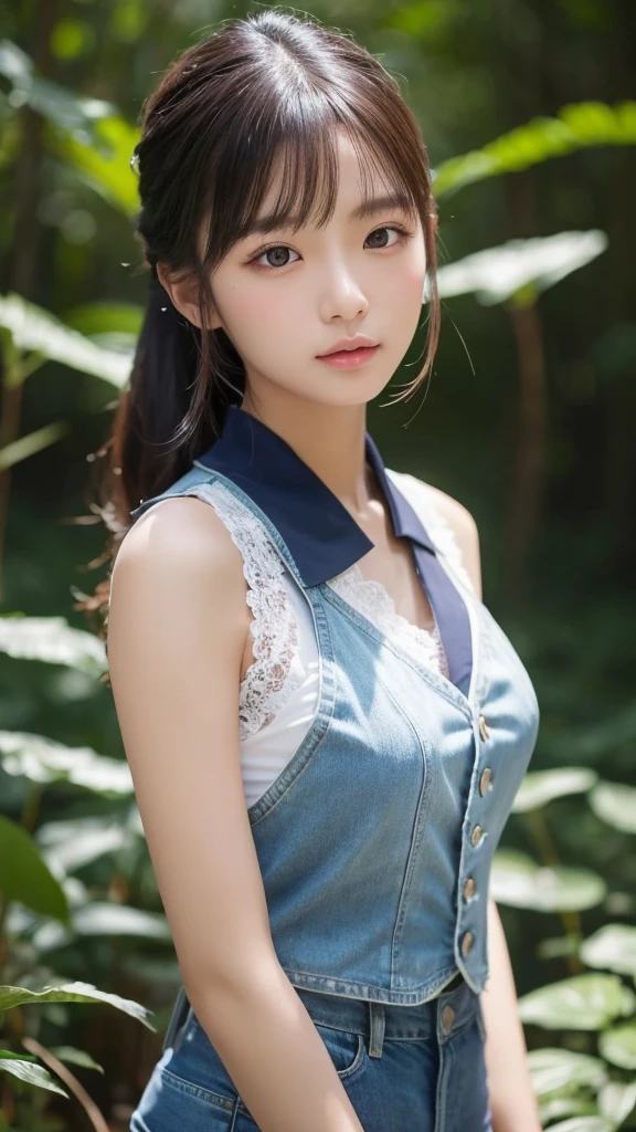 Upper body, Forest, beautiful Asian girl photos, cool feelingadvanced photos, western beauty, black High ponytail with a pinch of bluered suspender sleeveless vest, Jean jacket, white lace line around the neck, artistSargent's color, realistic facial features, beautiful lights, extremely beautiful facialdetails and delicate eyes, clear and three-dimensional facial features, 32K --ar 9:16 --niji 5