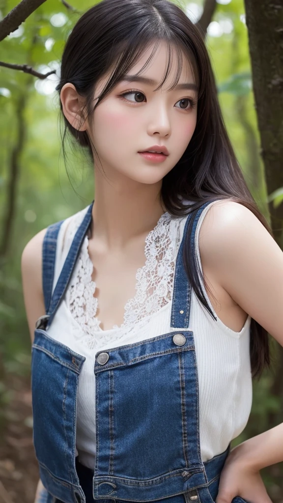 Upper body, Forest, beautiful Asian girl photos, cool feelingadvanced photos, western beauty, black High ponytail with a pinch of bluered suspender sleeveless vest, Jean jacket, white lace line around the neck, artistSargent's color, realistic facial features, beautiful lights, extremely beautiful facialdetails and delicate eyes, clear and three-dimensional facial features, 32K --ar 9:16 --niji 5