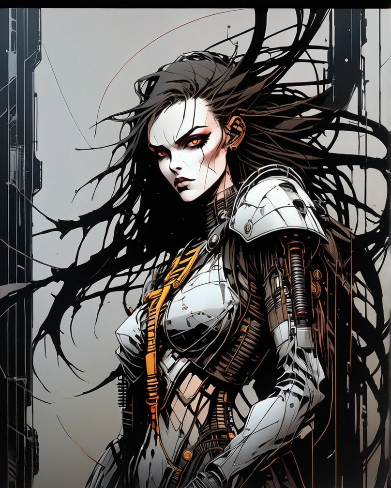 Art style by H. R. Giger, Art style by Luis Royo, Art style by Chris Foss, (Masterpiece, Top Quality, Super Detail, High Resolution, Best Illustration), art deco background, dark colored long hair, liquid metal anime AI worldmind, portrait, female,  technological implants, advanced technology, grid, wires, circuits, red shadows, high contrast, dramatic lighting, aggressive pose in simon bisley style