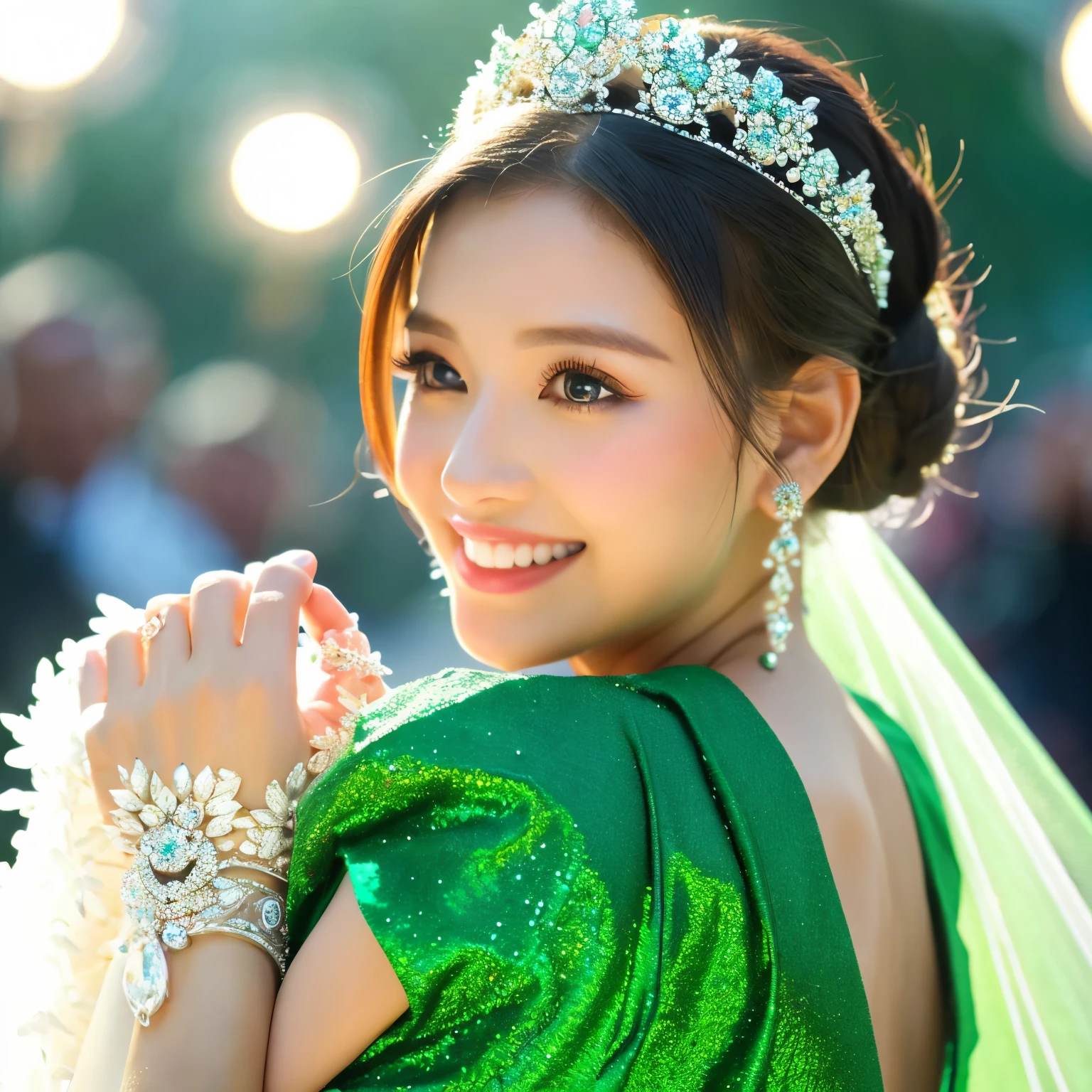 bride is like a precious jewel, sparkling with beauty and radiance, wearing green gown