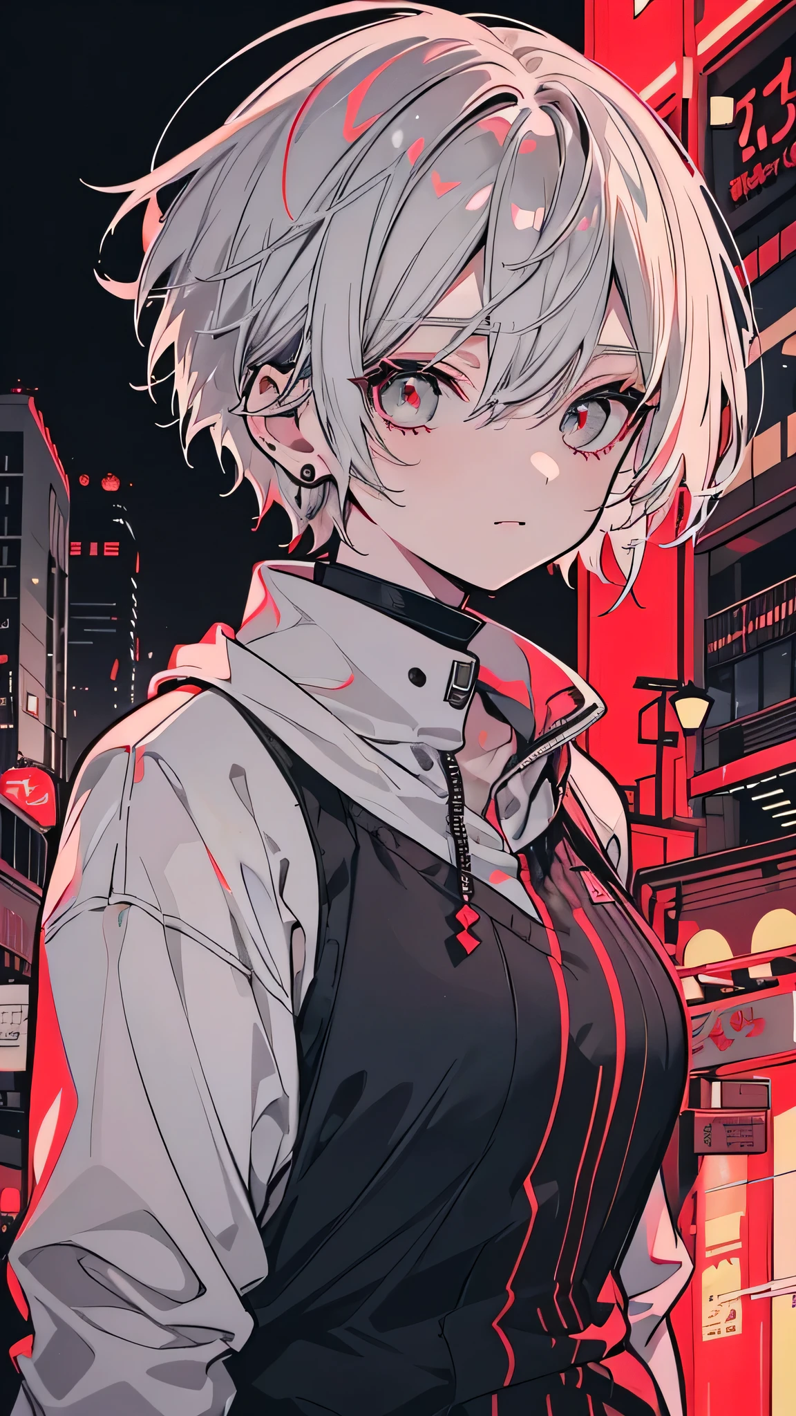 a picture of a women 25 years old short white hair standing in front of a red light, happy face, Candid Photography, Gray-haired deity, dynamic poses, Gray-haired girl, Crushing Despair, Flowing white hair, short Hair Anime Girl, perfect Gray-haired girl