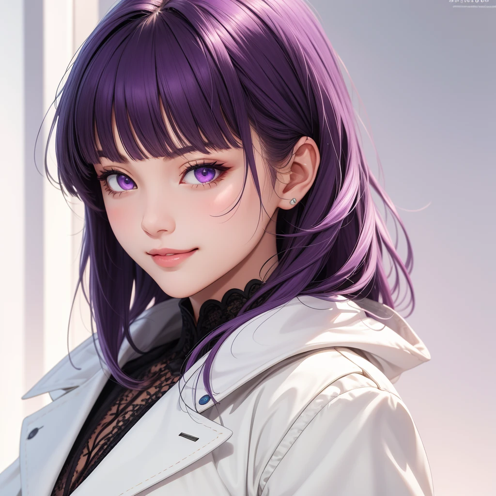 (masterpiece, best quality), intricate details, thin, ((slim)), beautiful girl, purple hair, blunt bangs, light purple eyes, sharp jawline, white coat, long hair, lips, upper body, close up, smirk