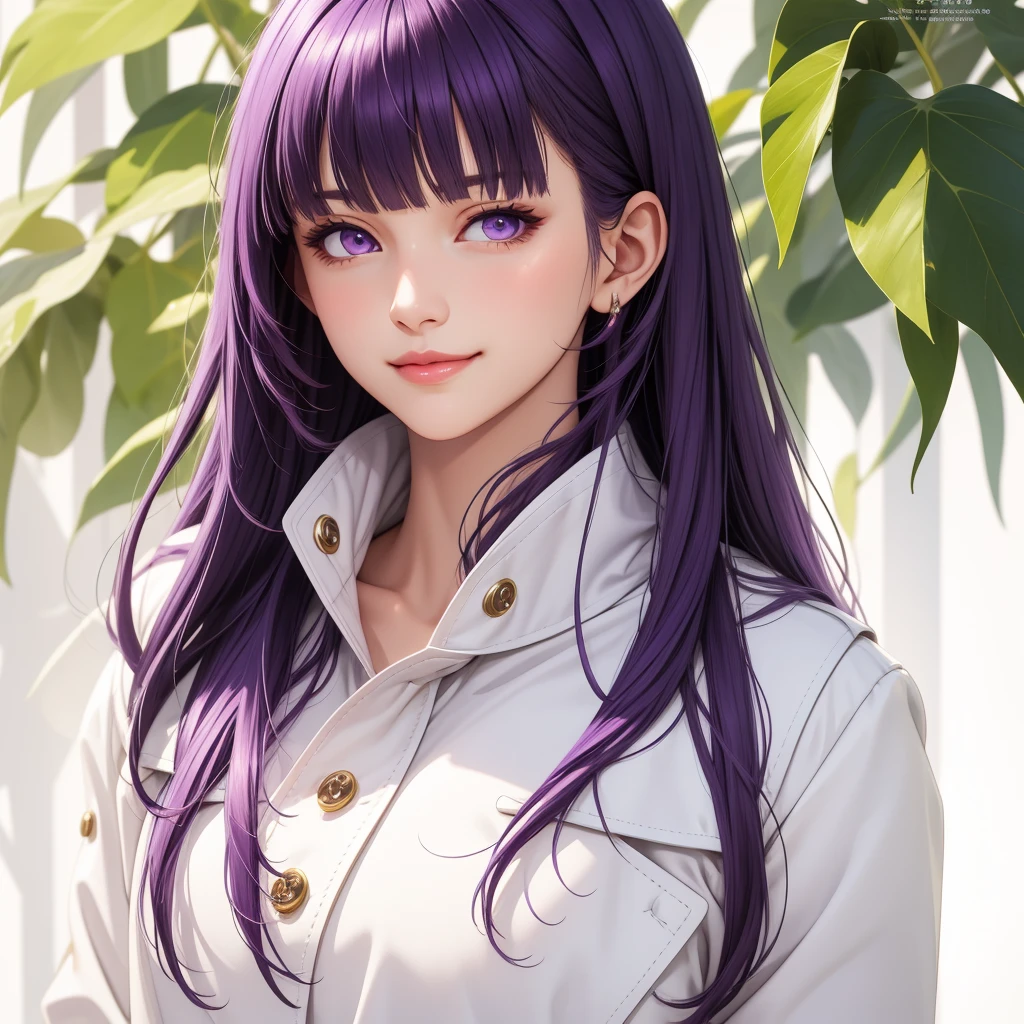 (masterpiece, best quality), intricate details, thin, ((slim)), beautiful girl, purple hair, blunt bangs, light purple eyes, sharp jawline, white coat, long hair, lips, upper body, close up, smirk