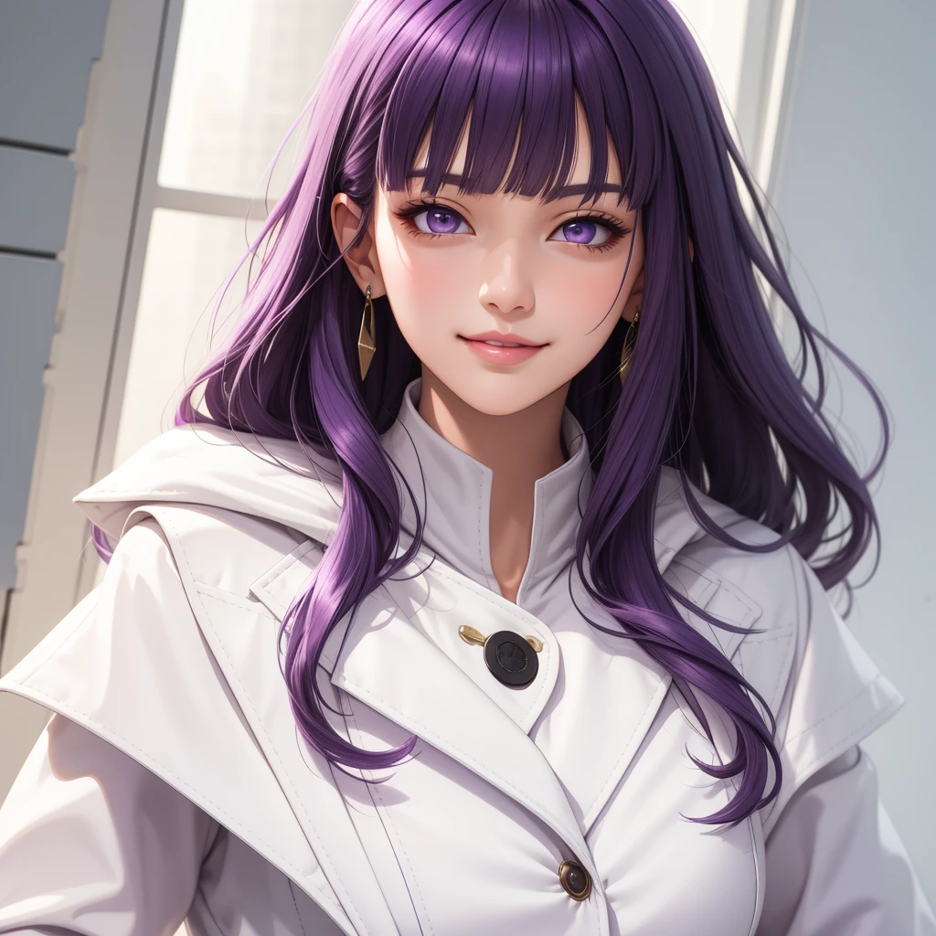 (masterpiece, best quality), intricate details, thin, ((slim)), beautiful girl, purple hair, blunt bangs, light purple eyes, sharp jawline, white coat, long hair, lips, upper body, close up, smirk