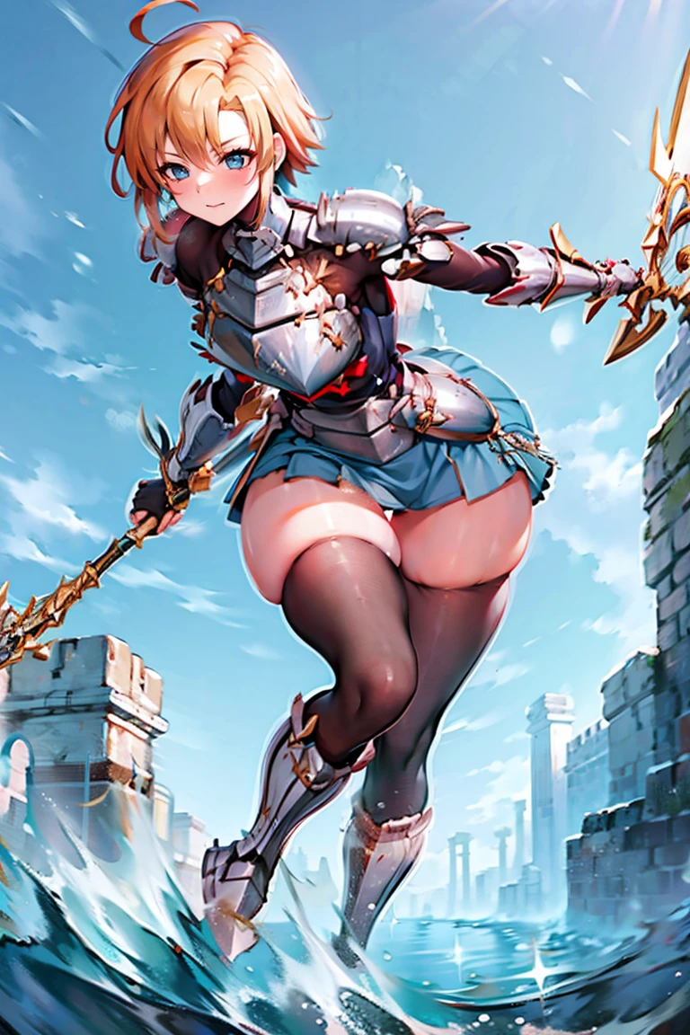 jewelry, bodysuit, fingerless gloves, knight, highleg, (((skin tight))), vambraces, arm guards,faulds,greaves, 1girl,solo,　gauntlets, armored boots, breastplate, pauldrons, shoulder armor, big armors, thighhighs, dare thighs, short hair, pink hair, blue eyes, adult, adult face, fearless face, curvy, perfect proportion, perfect anatomy, perfect body, armored dress knight, plate armor knight, silver knight armor, perfect eyes, ahoge, center loincloth, skirt, black legwear, black clothes, black wear, covered arms, masterpiece, masterwork, best quality, super fine illustration, beautiful, ultra detailed beautiful face, cg unity 8k wallpaper, ultra detailed, ultra high res, round face, smile, clear eyes, symmetrical eyes, even eyes, ultra detailed beautiful eyes, light eyes, 