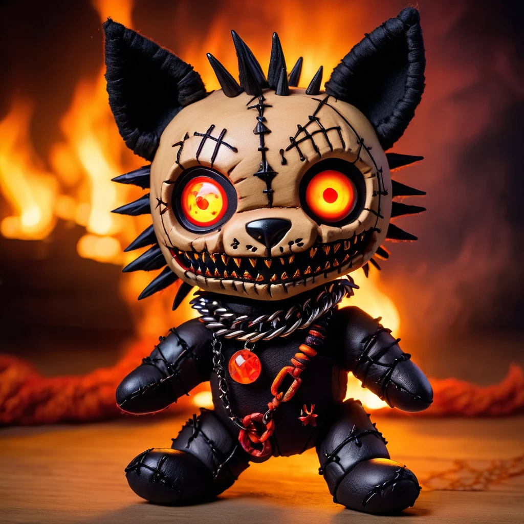 (knitted toy voodoo doll:1.7), (Voodoo Hellhound:1.3), (Clothing: scorched fur with glowing ember eyes:1.0), (Accessories: enchanted spiked collar, glowing chain, mystical fire orb:1.2), (background: infernal landscape with floating, glowing embers and dark smoke:1.2), best quality, masterpiece, detailed soft oil painting, detailed background, dramatic cinematic lighting, soft edge lighting, professional, dramatic lighting, hard edge lighting, ultra quality, 4k,masterpiece, best quality, 8k, ultra highres, highres, extremely detailed