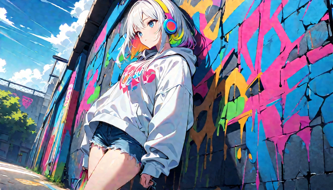 HD 8k Handsome sexy-cute, Solitary, 1 HD-8k Human focus9:16, female, looking away Medium Length Hair, white hair, Rainbow hair, blue Eyes, Rainbow headphone, hoodie, colored hoodie, White hair band Big white t-shirt denim shorts, sneakers, outdoor, blue sky, White clouds, graffiti Popularity spray art wall, 
