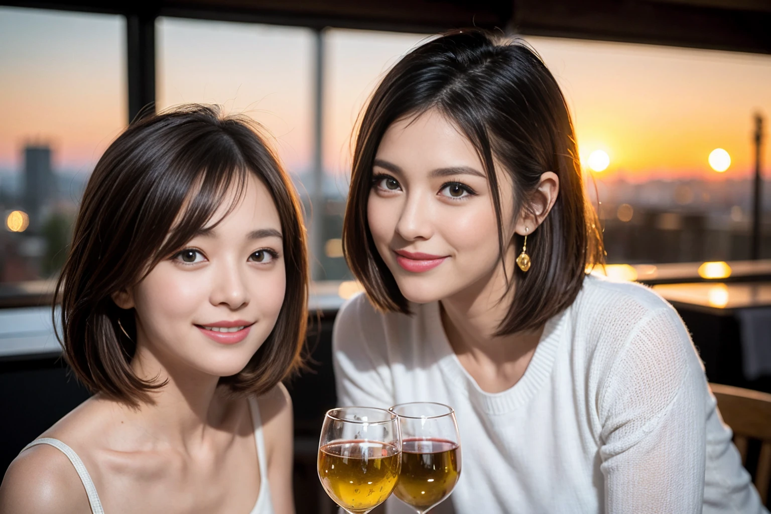 （Realistic:1.1）,(masterpiece,Highest quality)，8k,(40 years old), 38 years old, slimカップル、Model Couple、Actress/Actor、Tight waist,Upper Body,full-course dinner、wine 、Amazing view of the sunset sky and clouds、Perfect Anatomy, Brown Hair, Short Hair,Random Hairstyles,((Highly detailed face and eyes:1.2))(cute顔:1.4)，Beautiful actress face，Perfect golden ratio face，Long sleeve shirt、dress,(smile:1.2)、Shortcuts、cute、(Realistic, Intricate details:1.2), A bright smile、short hair,Bright Face、赤wine 、Appetizers、Italian food、wine bottle、Champagne、スパークリングwine、(slimな顔), (The body is slim), (Brown Hair), (Shortcuts),  Upper Body, 白wine, slim, wineグラス, 