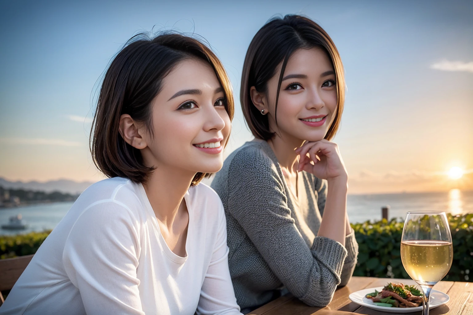 ((Highest quality、8k、masterpiece:1.3))、Shortcuts、cute、slimカップル、modelカップル、actress男優、(Realistic, Intricate details:1.2), full-course dinner、Wine Party、Amazing view of the sunset sky and clouds、A bright smile、short hair,Bright Face、 (Age 45), 42 years old, red wine 、Appetizers、Italian food、Wine bottle、Champagne、sparkling wine、Two beauties、Brown Hair、Shortcuts、Long sleeve shirt、dress、Beautiful woman 1, (slimな顔), (The body is slim), (Brown Hair), (Shortcuts), cheeks turn a little red,Attractive beauty、restaurant, In a prominent place (From the waist up) Nova Frog Style, actress, model, Upper Body, White wine, slim, wine glass, 中央に置かれたwine glass, smile, (smile: 1.15), Beautiful fine grain, Depth f/2,saturation, High Contrast, Strong light and shadow,Moist Body:1.5、3D texture、Delicate eyes、Brown Hair、The hair is very shiny、