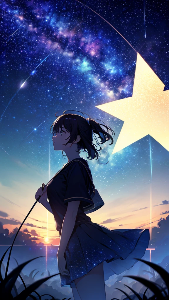 ((masterpiece))、((Highest quality))、((Realistic feel))、((Starry Sky:1.6))、Pitch Black、Moonlight shines、Immersion、Cool blue shade、1People Girls、Optical Tracking、The sky is high、Dim and dim、High Contrast、Super beautiful graphics