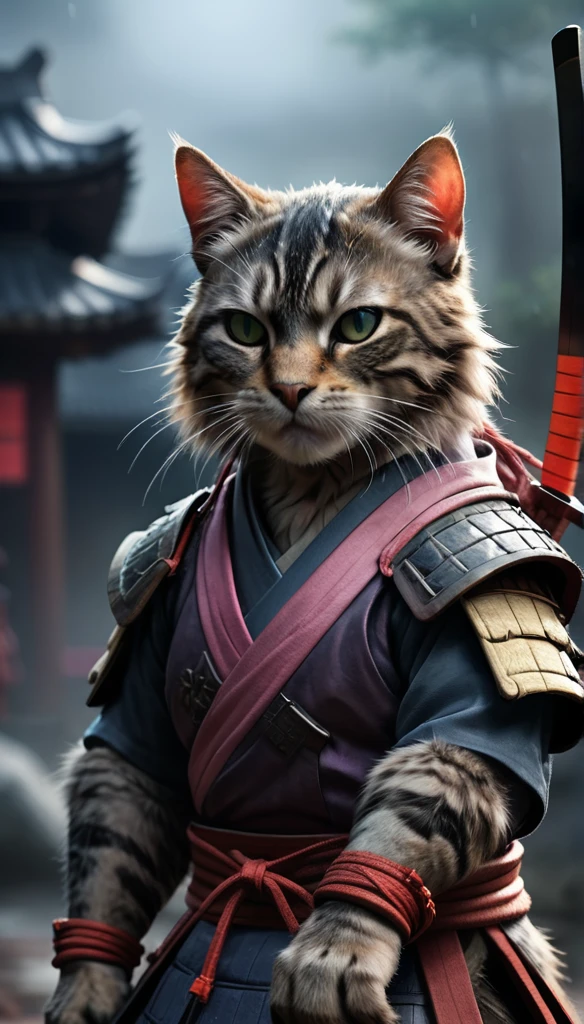 (closeup photo cinematic),a samurai cat, battlefield, 2D, colorful, dark atmosphere