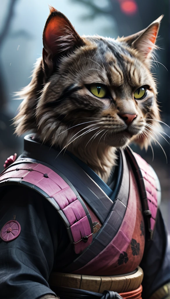 (closeup photo cinematic),a samurai cat, battlefield,  2D, colorful, dark atmosphere