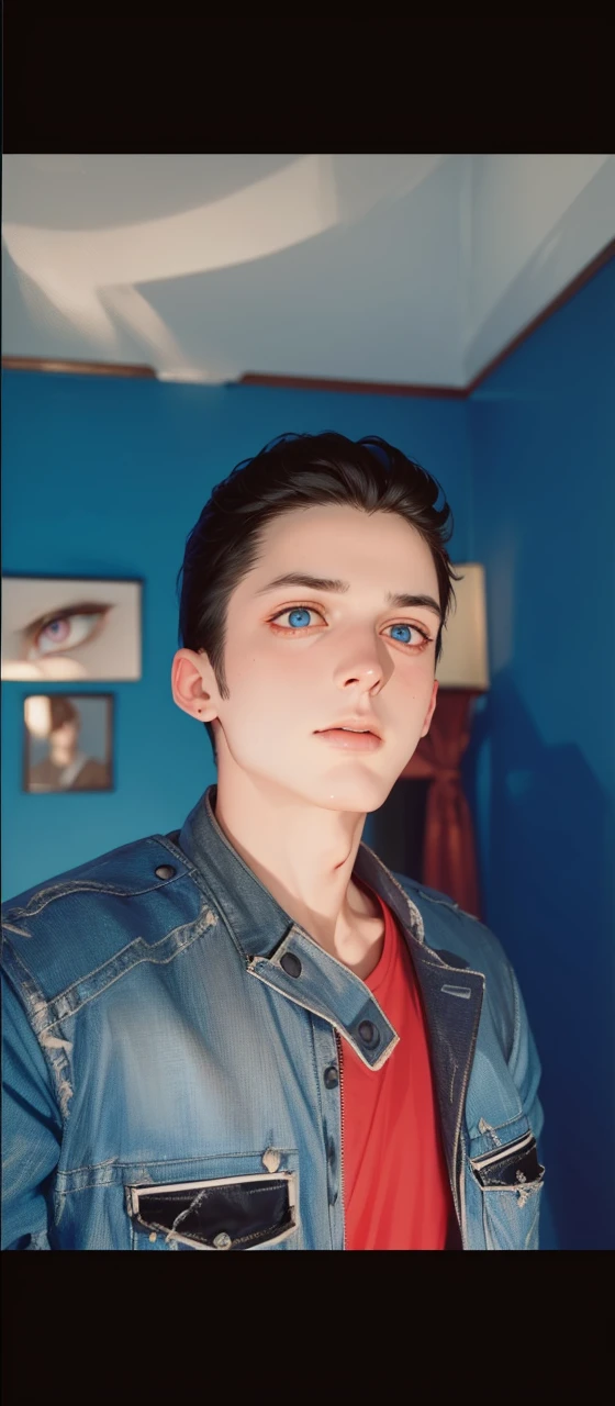 ashva, clothed, masculine male, masterpiece, ((perfect eyes)) best quality, (semirealism:1.9), beautiful lighting, (extremely detailed CG unity 4k fhd wallpaper),realistic, high detail, sharp focus, dramatic outdoors, one man, 19 years old, grey hair, light blue eyes, full body, pants, standing, bright blue background, blue navy clothes.