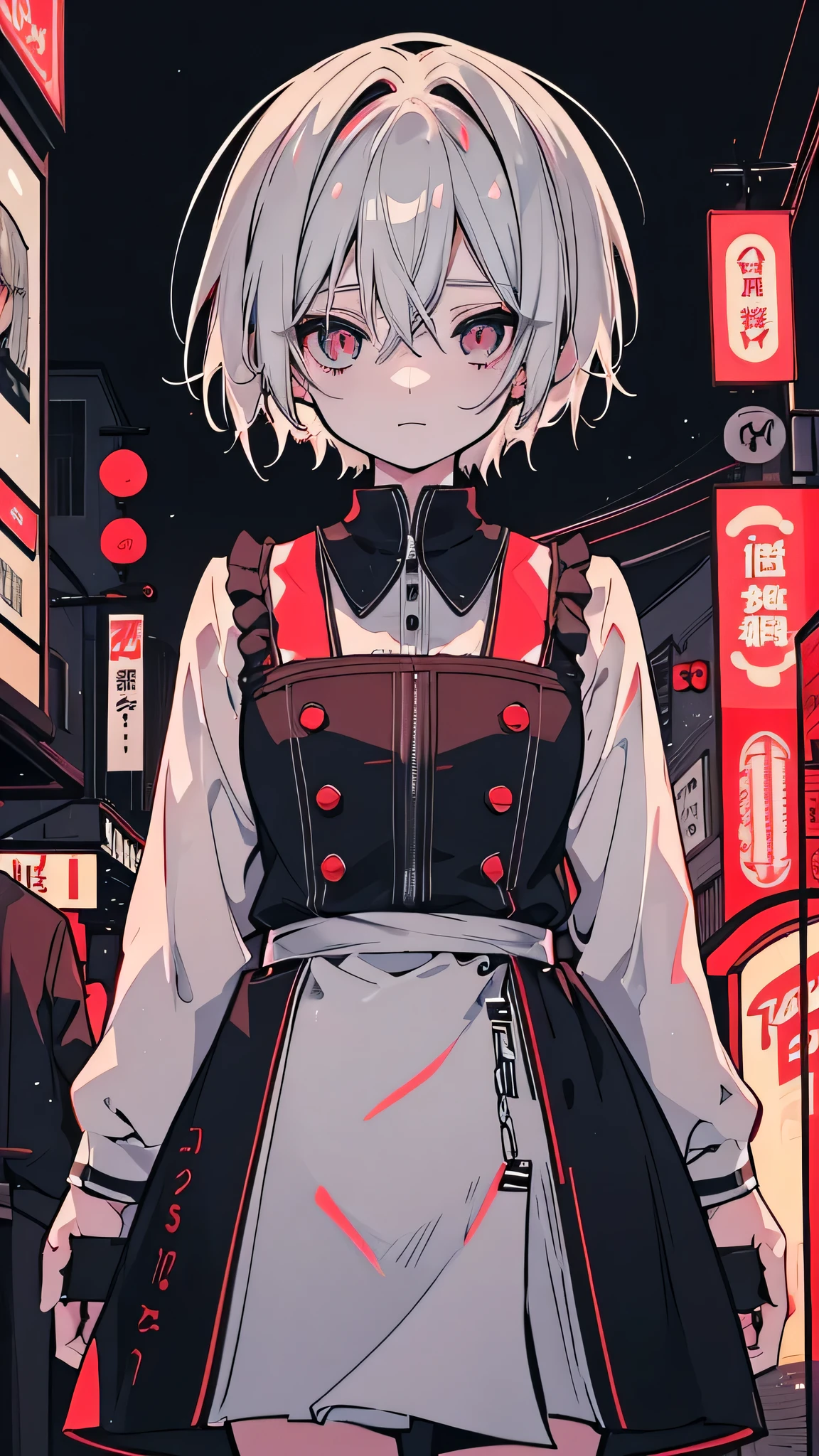 a picture of a women 25 years old short white hair standing in front of a red light, happy face, Candid Photography, Gray-haired deity, dynamic poses, Gray-haired girl, Crushing Despair, Flowing white hair, short Hair Anime Girl, perfect Gray-haired girl, 