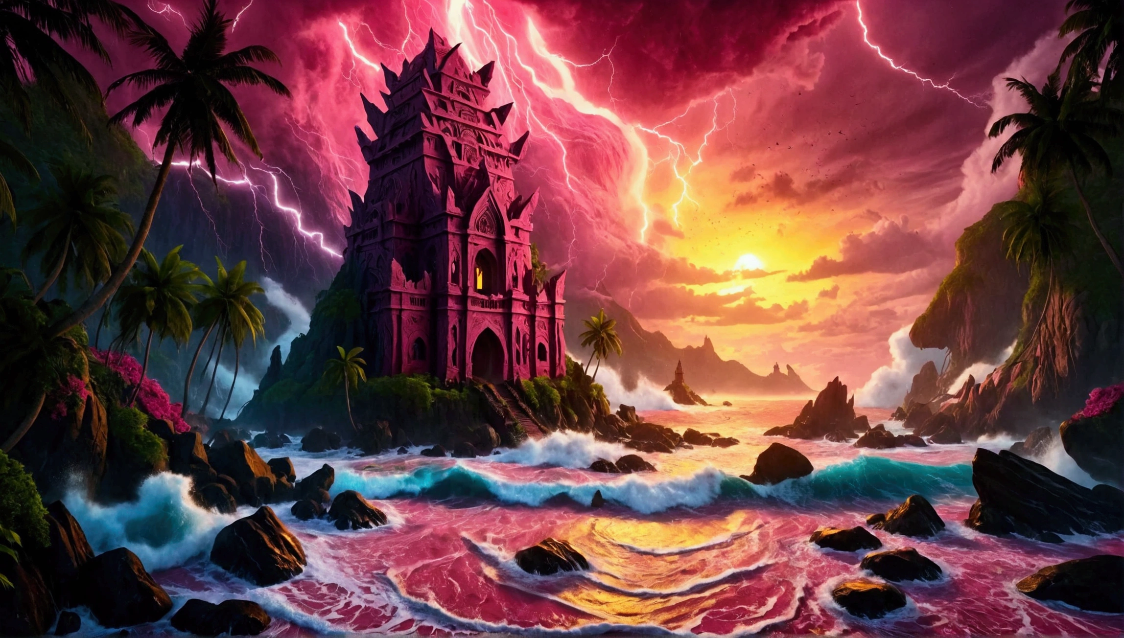 (Mysterious eerie tropical island citadel with intricate architecture:1.2), rocks and crushing waves), (yellow-pink thunderstorm with emerging eerie werewolf:1.3), masterpiece in maximum 16K resolution, best quality, ultra detailed, aesthetics, absurdes.
