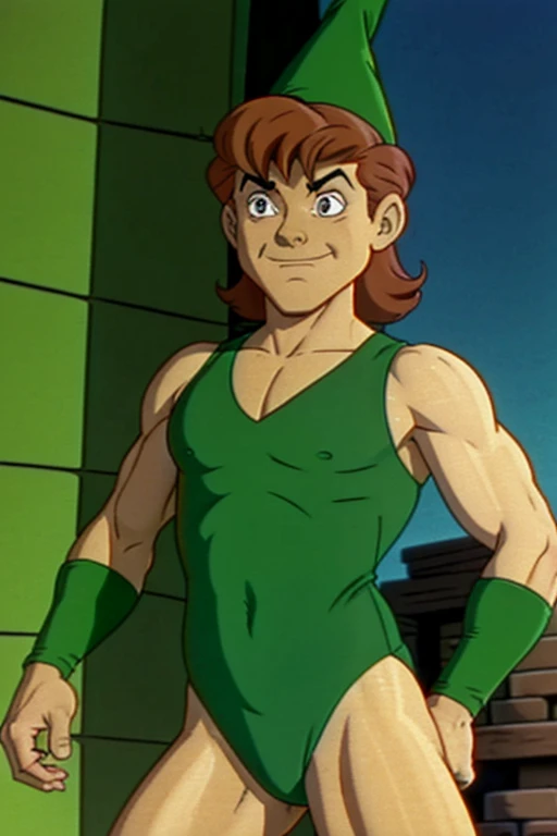 a redhead cartoon character dressed in a green leotard, very muscular, a young male wizard, 1980s cartoon, animated episode still, Presto (((mad)))