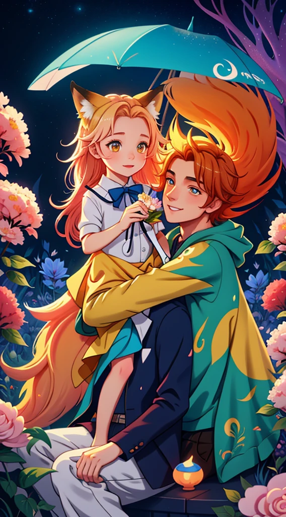 There was a little blond boy and a fox sitting among the flowers, Fantasy Fox , Juster Battle, Cyril Rolando (Cyril Rolando) of inspiration, Beeple 和 Jeremiah Ketner, Beautiful art UHD 4K, Cyril Rolandor style, Cyril Rolando and Goro Fujita, By Ryan Yee, Beautiful digital illustrations, Ethereal Fox