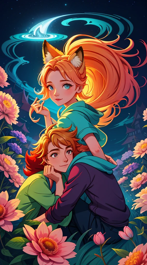 There was a little blond boy and a fox sitting among the flowers, Fantasy Fox , Juster Battle, Cyril Rolando (Cyril Rolando) of inspiration, Beeple 和 Jeremiah Ketner, Beautiful art UHD 4K, Cyril Rolandor style, Cyril Rolando and Goro Fujita, By Ryan Yee, Beautiful digital illustrations, Ethereal Fox