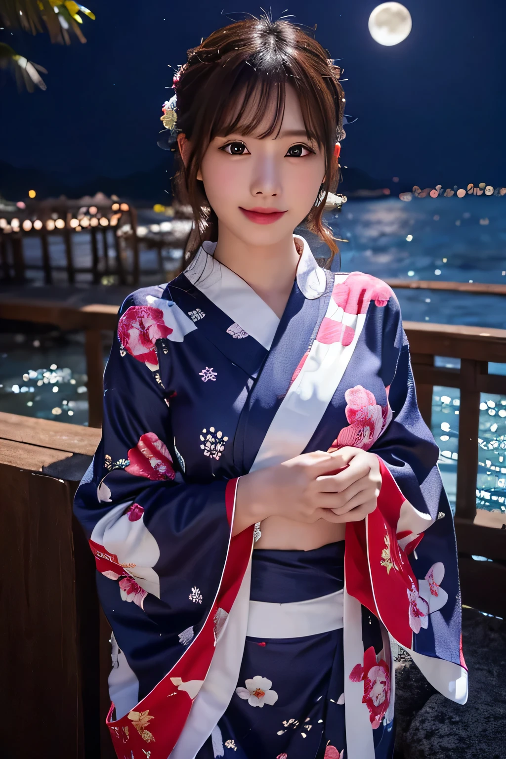 ((Highest quality)), ((masterpiece)), (detailed), One girl、Yukata with fireworks pattern、glamorous、Lying down、Clothes falling apart、nature、front