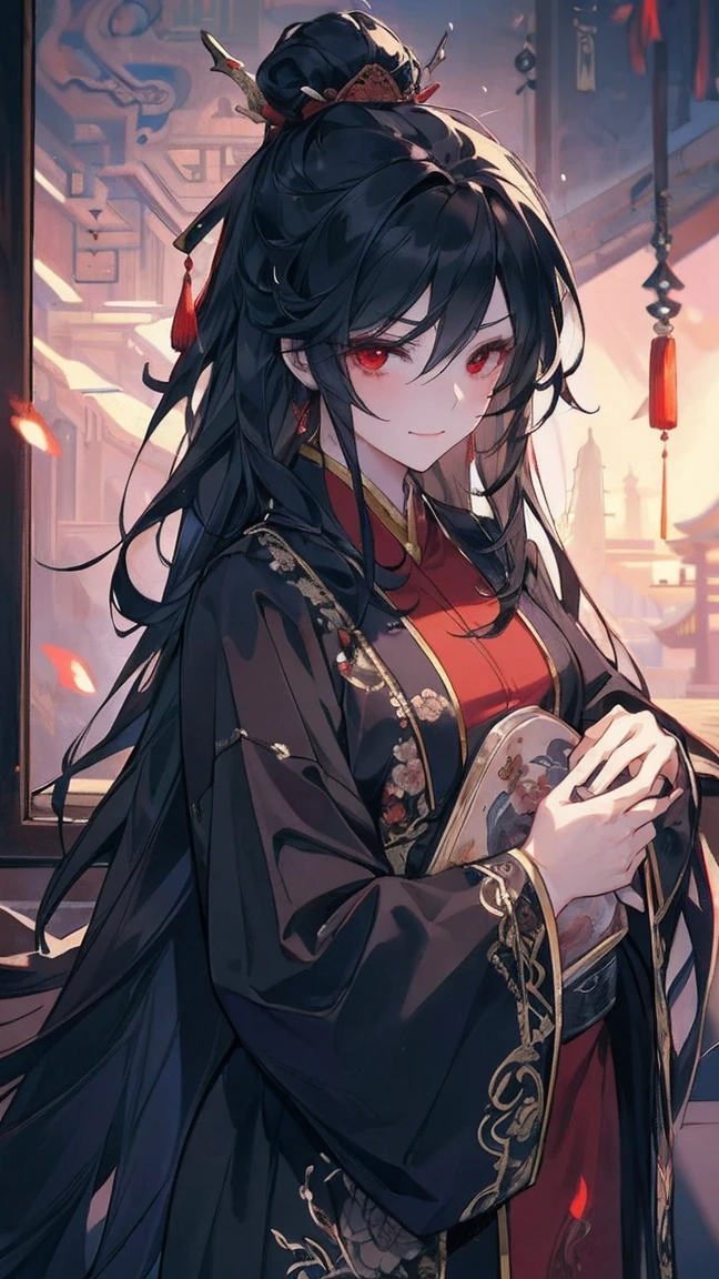 (extremely detailed 8K wallpaper),(ultra-detailed),(best quality),(masterpiece),(highly detailed),(cinematic lighting),(Original),Cold ligh,moody,(Chinese elaborate-style painting ),ink style, black hair, red eyes, sweet smile, sad face, holding her little baby