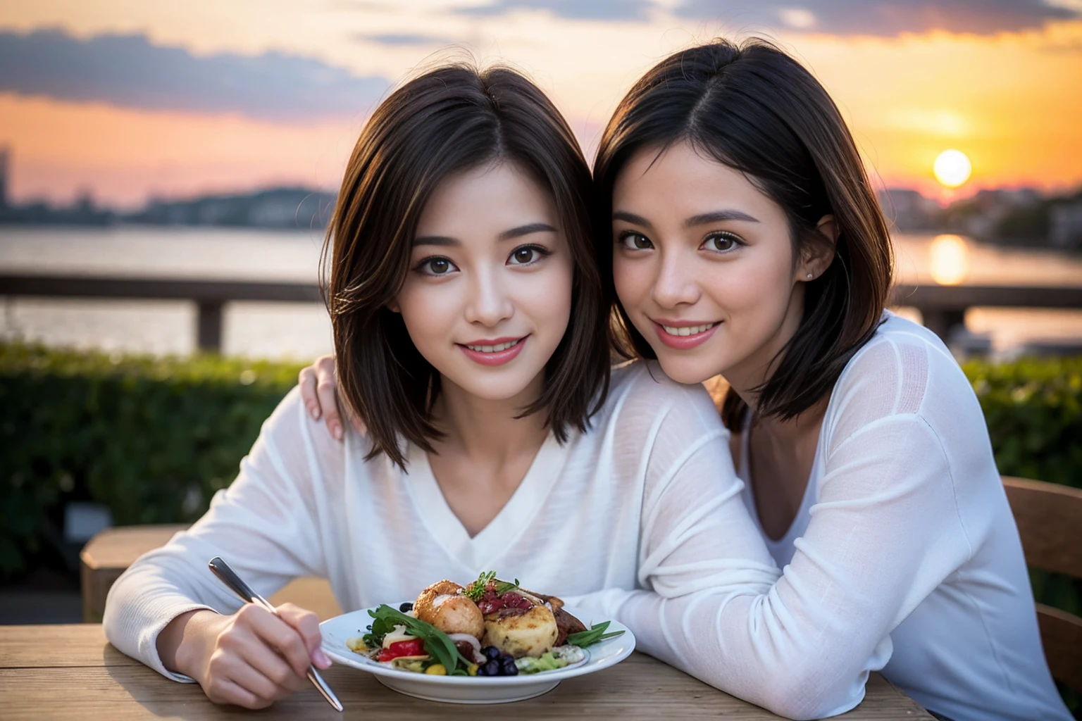 (Realistic:1.1),(masterpiece,Highest quality),8k,(40 years old), 42 years old, slimカップル、Model Couple、Actress/Actor、Tight waist,Upper Body,full-course dinner、wine 、Amazing view of the sunset sky and clouds、Perfect Anatomy, Brown Hair, Short Hair,Random Hairstyles,((Highly detailed face and eyes:1.2))(cute顔:1.4),Beautiful actress face,Perfect golden ratio face,Long sleeve shirt、dress,(smile:1.2)、Shortcuts、cute、(Realistic, Intricate details:1.2), A bright smile、short hair,Bright Face、赤wine 、Appetizers、Italian food、wine bottle、Champagne、スパークリングwine、(slimな顔), (The body is slim), (Brown Hair), (Shortcuts), Upper Body, 白wine, slim, wineグラス,