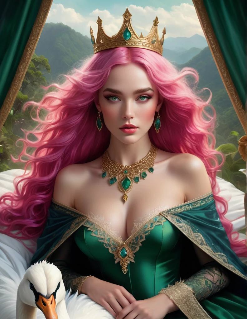 Very attractive 25 year old female with long wavy bright pink hair, A concept art masterpiece in the highest quality, featuring a photorealistic half-body portrait taken by the renowned artist Tom Bagshaw. The photograph, captured in 8k raw resolution, showcases incredible detail and clarity. Inspired by the style of tarot cards, this artwork focuses on the subject's detailed face, with particular attention given to the intricate features. The iris textures are absurdly high-resolution, adding a mesmerizing quality to the eyes. The subject, depicted in a cowboy shot, faces the viewer, establishing a connection and intimate atmosphere. The photorealistic approach takes the realism of the image to another level, creating a lifelike representation. The subject possesses a perfect body and is known as the beautiful girl pureerosface_v1, radiating a warm and inviting smile. She wears ankle-high heels and a stunning transparent black off-shoulder bandage dress adorned with gold ornaments, a crown, a necklace, an armband, and a navel ring. A transparent heavy lace cloak made of swan feathers adds an ethereal and enchanting element to her attire. With big breasts, captivating green eyes, long legs, and flowing bright pink hair, she is truly captivating. The rim lighting adds a striking visual effect, emphasizing her features. The subject is portrayed lying on a bed inside a silky and luxurious tent, surrounded by treasure chests, against a backdrop of hills, a rainforest, a blue sky, clouds, and a sun reminiscent of the style of Hamunaptra. The overall aesthetic falls within the genre of Dark Fantasy, adding an element of mystery and intrigue to the composition.