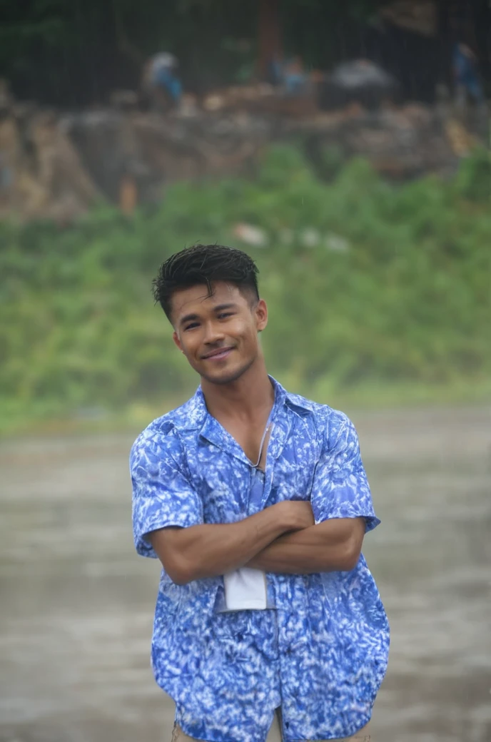 realist:1.3,( fotorrealist, 8k, RAW Photos, Premium quality, Masterpiece, epic lighting. close up, Centered image), (foreground),((1 beautiful man beautiful smile, self-confident well-formed muscles, Post Apocalyptic, Guerrero, Perfectly detailed face and body, (foreground), rainy scene, poor lighting due to rain,(( face and body wet from the rain:1.5)),lightning lighting, dynamic pose, beautiful and detailed hair, Leather Clothes)), ((Imaginative scene)),((perfect, meticulously detailed.:1.3)), ((full shot: 1.4)), ((best quality )), ((masterpiece)), 3D, (hyper detailed: 1.3), ((Epic Scenery: 1.3)), ((night background: 1.3 ))), (((night:1.2))), ( Photorealistic: 1.4), ((Front camera)),( (Low-light night cinematic lighting: 1.2)). 32