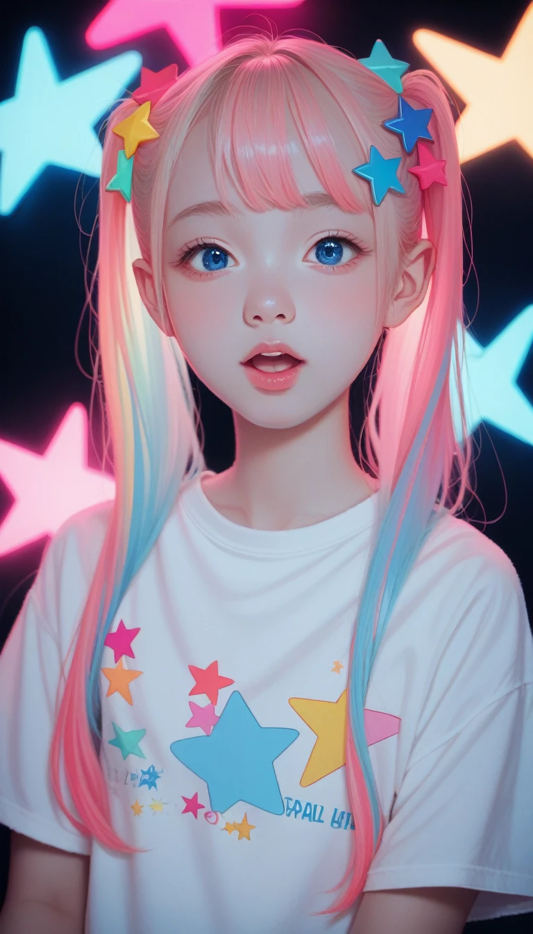score_9_up, score_8_up, score_7_up, score_6_up, 1girl, solo, pastel colors, open mouth, long hair, star , (symbol), star hair ornament, hair ornament, twintails, looking at viewer, blue eyes, pastel neon lighting, source_anime, neon, neon theme ,