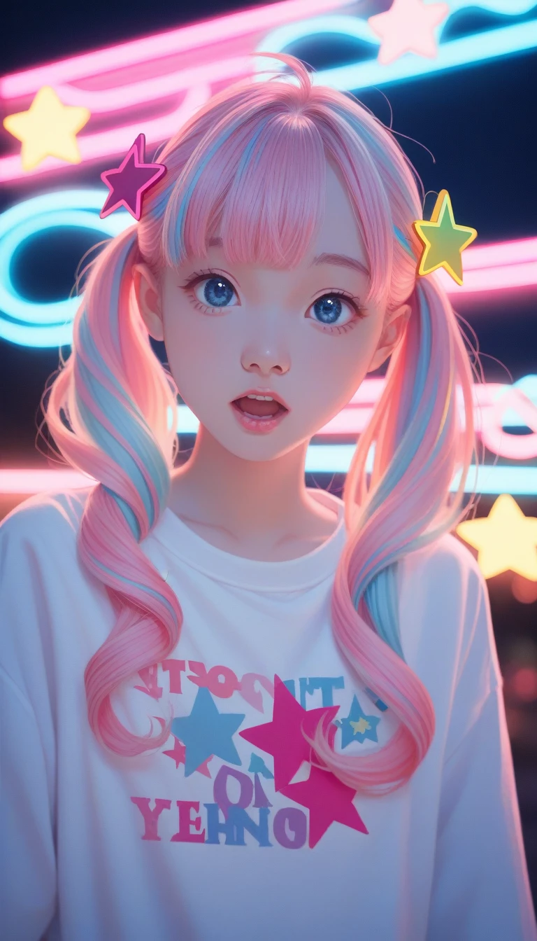 score_9_up, score_8_up, score_7_up, score_6_up, 1girl, solo, pastel colors, open mouth, long hair, star , (symbol), star hair ornament, hair ornament, twintails, looking at viewer, blue eyes, pastel neon lighting, source_anime, neon, neon theme , 