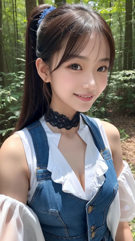 Upper body, Forest, beautiful Asian girl photos, cool feelingadvanced photos, western beauty, black High ponytail with a pinch of bluered suspender sleeveless vest, smile face,Jean jacket, white lace line around the neck, artistSargent's color, realistic facial features, beautiful lights, extremely beautiful facialdetails and delicate eyes, clear and three-dimensional facial features, 32K --ar 9:16 --niji 5